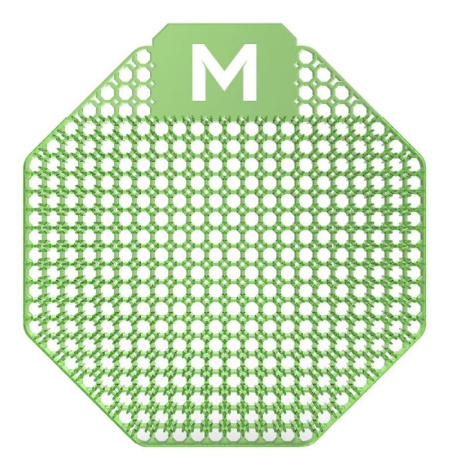 Scented urinal screen in green with cucumber melon fragrance, featuring anti-splash design and translucent monitoring for drain safety.