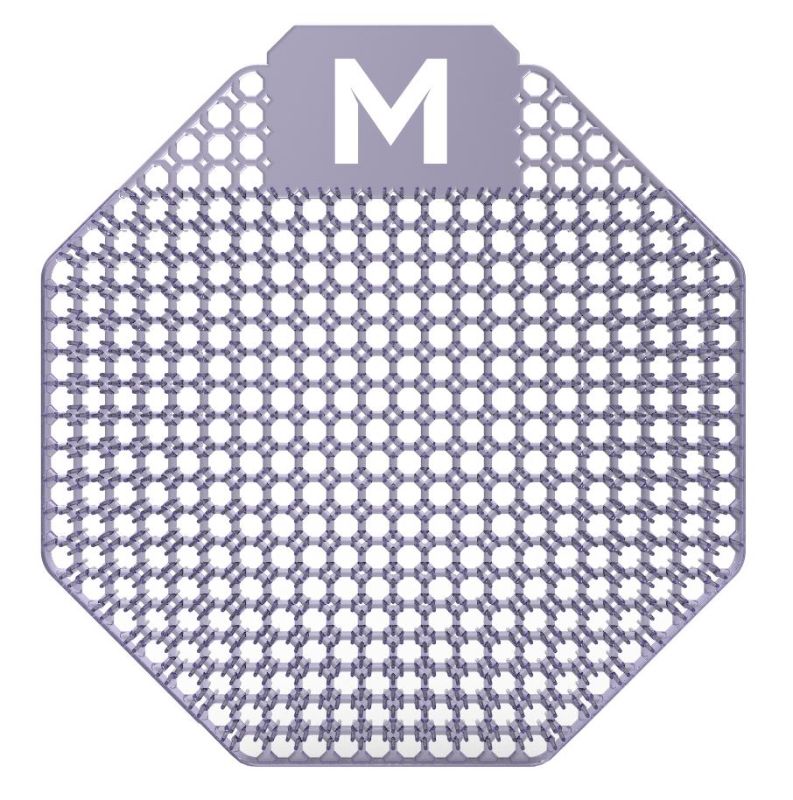 Scented urinal screen in purple with Ocean Mist fragrance, featuring anti-splash design and eco-friendly, recyclable material.