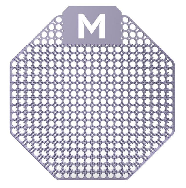 Scented urinal screen in purple with Ocean Mist fragrance, featuring anti-splash design and eco-friendly, recyclable material.
