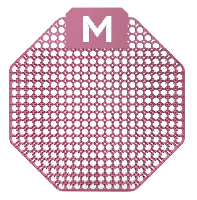 Scented urinal screen in pink with a refreshing mango fragrance, featuring anti-splash design and recyclable material.