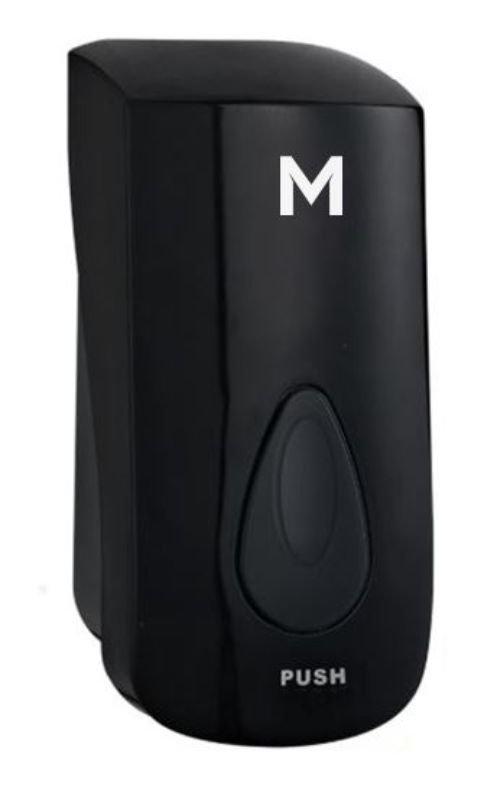 Sleek black liquid wall dispenser with 1000ml capacity, durable ABS plastic, lockable bulk fill, ideal for high-traffic areas.