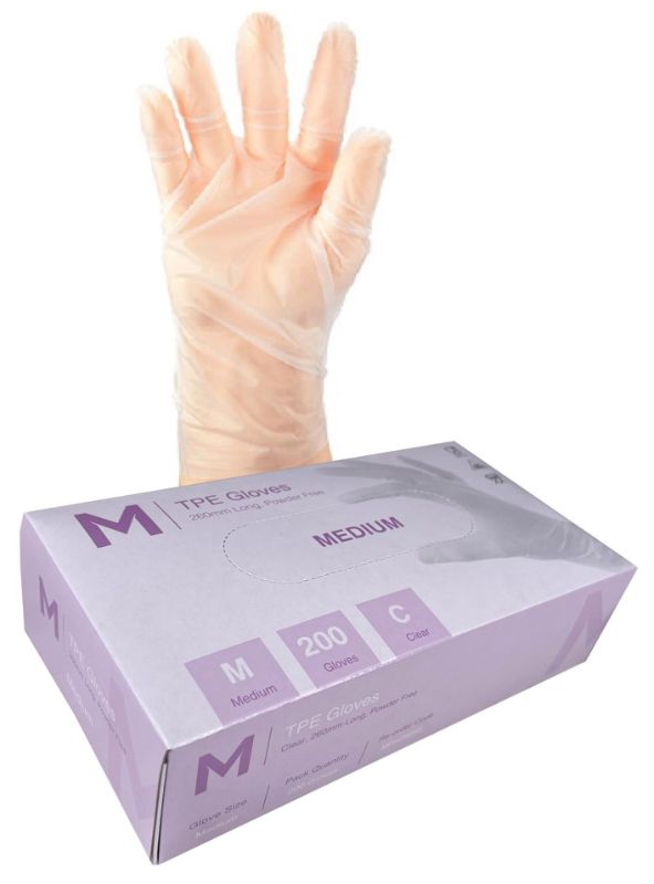 Clear TPE powder-free gloves, medium size, 240mm cuff, lightweight, stretchy, allergy-free, with enhanced grip, box of 2000.