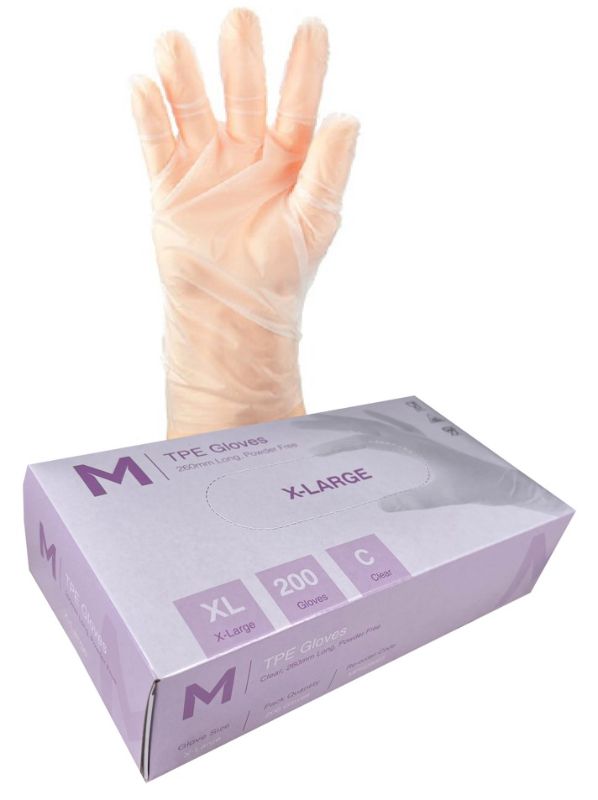 Clear TPE powder-free gloves in XL size, 240mm cuff, 2.0g, offering superior comfort, grip, and protection for various applications.