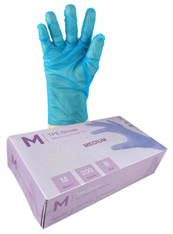 Blue TPE powder free gloves, medium size, 240mm cuff, lightweight, stretchy, safe for sensitive skin, with micro embossed grip.