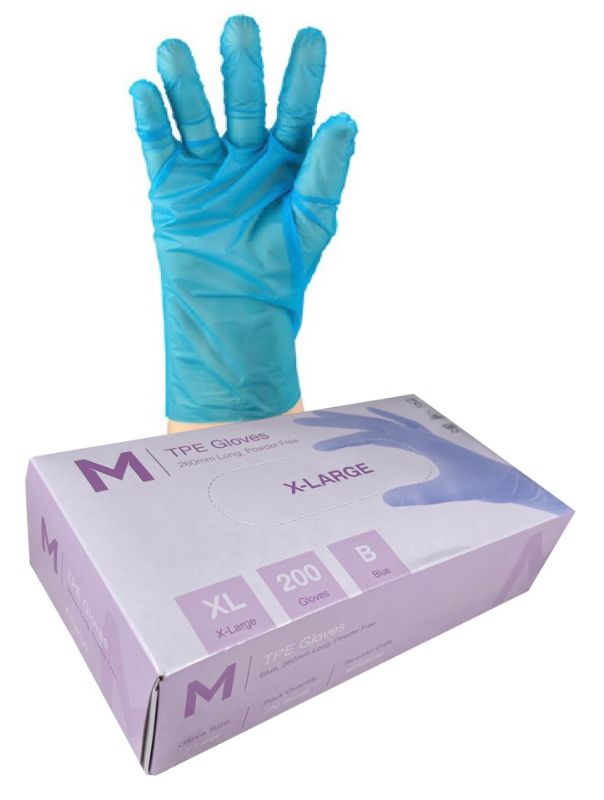 Blue TPE powder-free gloves, XL size, 240mm cuff, lightweight and flexible, ideal for food and medical use, box of 2000.