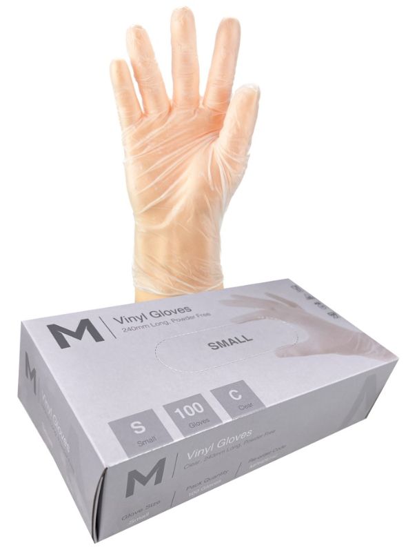 Clear, powder-free vinyl gloves, size small, 240mm cuff, ideal for food handling and hygiene, box of 1000.