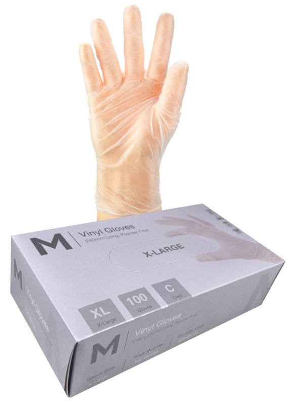 Clear powder-free vinyl gloves, XL size (240mm cuff), ideal for food handling and non-hazardous tasks, box of 1000.