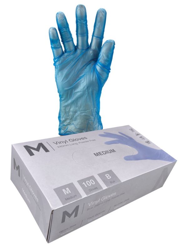 Blue powder-free vinyl gloves in medium size with 240mm cuff, ideal for food handling and versatile, single-use applications.