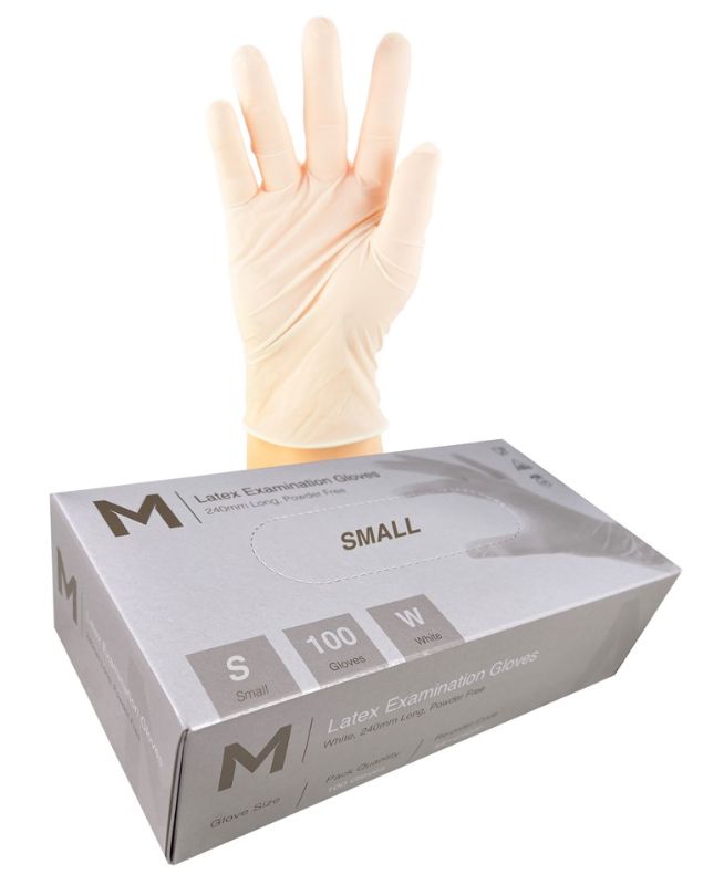 White powder-free latex examination gloves, size small, 240mm cuff, 6.0g, box of 1000 for healthcare use and comfort.