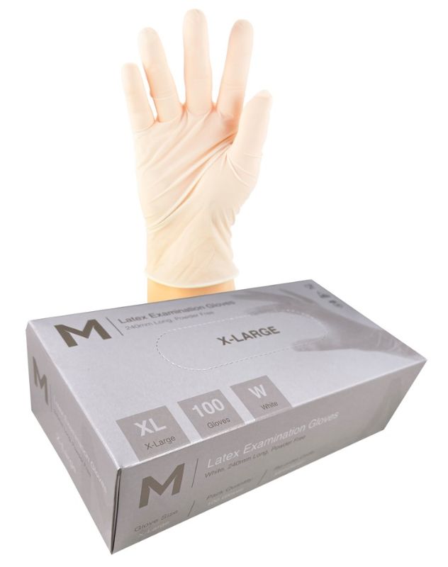 White powder-free latex examination gloves, XL size, 240mm cuff, 6.0g thickness, packed in a box of 1000 for professionals.
