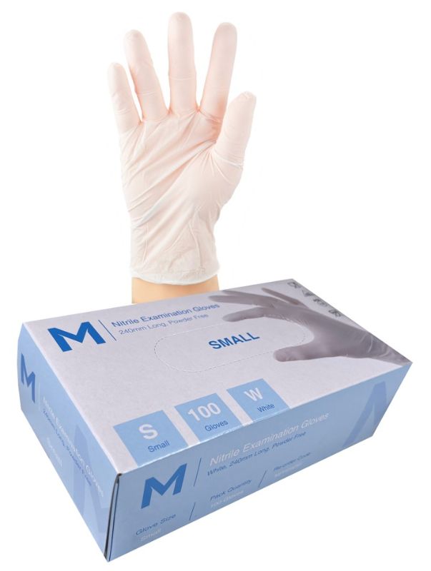 White nitrile examination gloves, size small, powder-free, 240mm cuff, offering high resistance for safe healthcare and lab use.