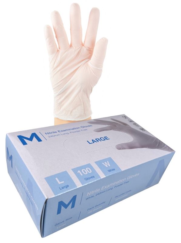 White nitrile examination gloves, size L, 240mm cuff, 5.0g, powder-free, for safety in medical, lab, and food settings. Box of 1000.