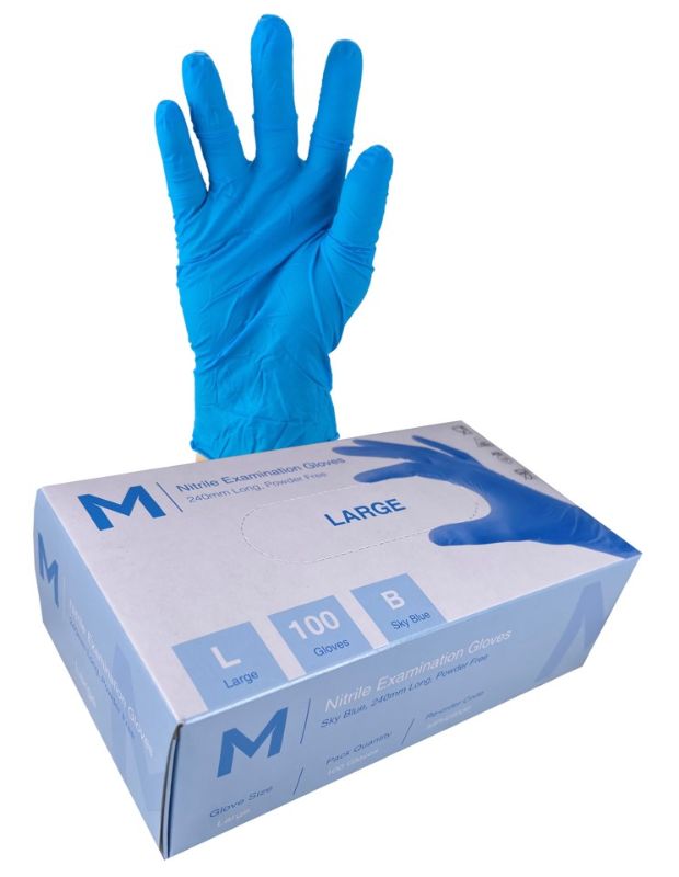 Blue powder-free nitrile examination gloves, large size, 240mm cuff, 5.0g, offering exceptional durability and protection, box of 1000.