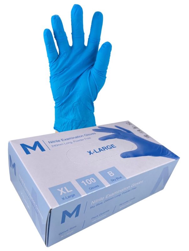 Blue powder-free nitrile examination gloves, XL size, 5.0g each, offering premium protection and durability for various industries.
