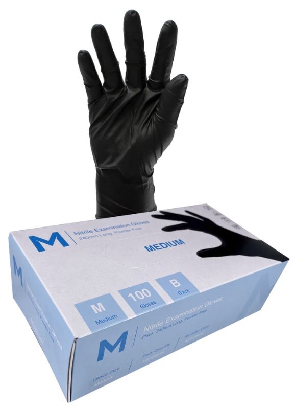 Black nitrile examination gloves, powder-free, medium size, 240mm cuff, 7.0g, ideal for medical and industrial use, box of 1000.