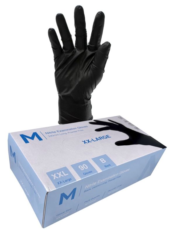 Black powder-free nitrile examination gloves, size 2XL, 900 in a box, offer high durability and puncture resistance for various uses.