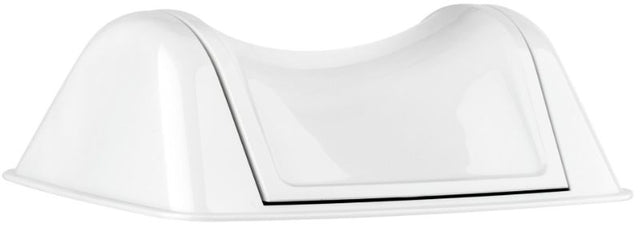 White 8L plastic rectangle bin with weighted swing lid for hands-free waste disposal, ideal for home or office use.