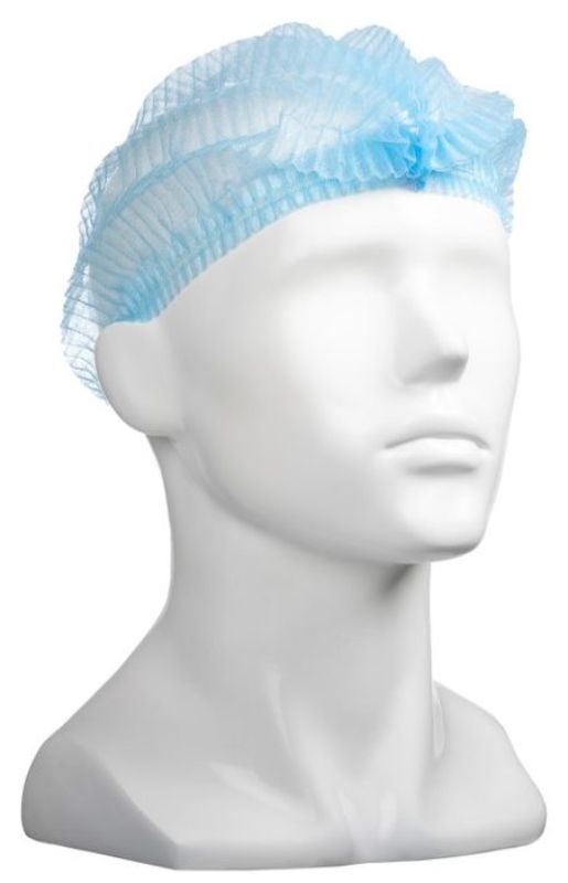 Blue polypropylene crimp hats in a box of 1000, 530mm wide, offer breathable, hygienic head coverage for various industries.