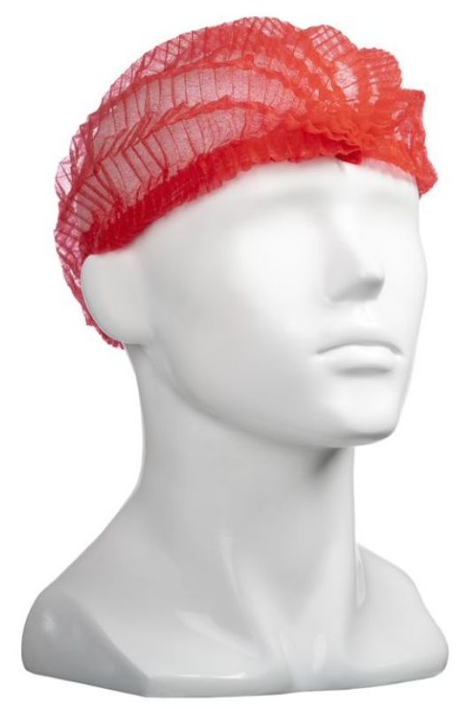 Red polypropylene crimp hats, 530mm wide, lightweight, elasticized for comfort, ideal for hygiene in medical and food settings.