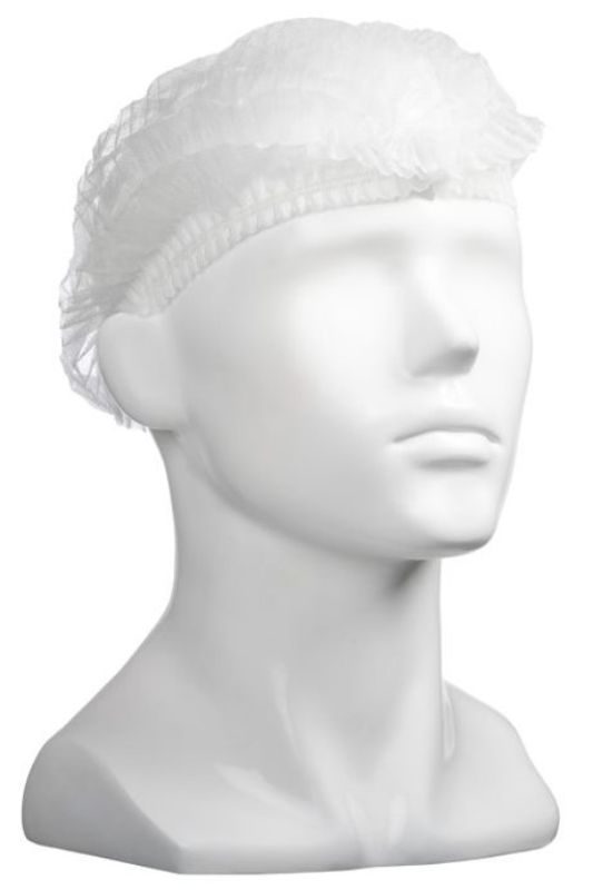 White polypropylene crimp hats, 530mm wide, 12gsm, disposable for hygienic use in food service and healthcare settings. Box of 1000.