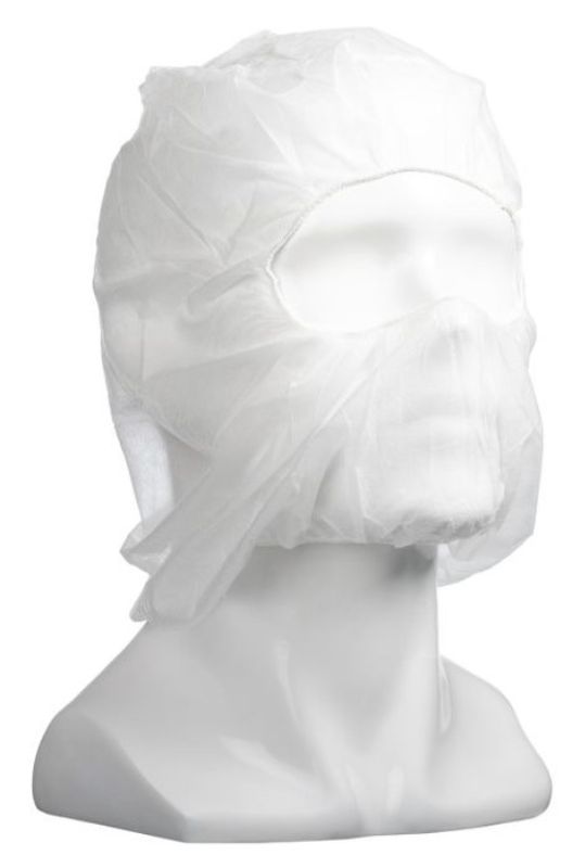 White polypropylene full face balaclavas, elasticated, lightweight (25gsm), ideal for protection in various environments.