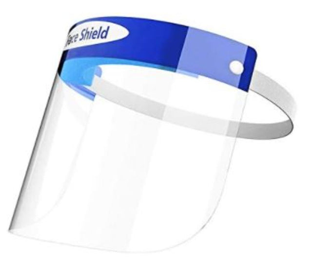 Box of 90 clear anti-fog face shields with elastic head loop, providing full coverage and comfort for personal protection.