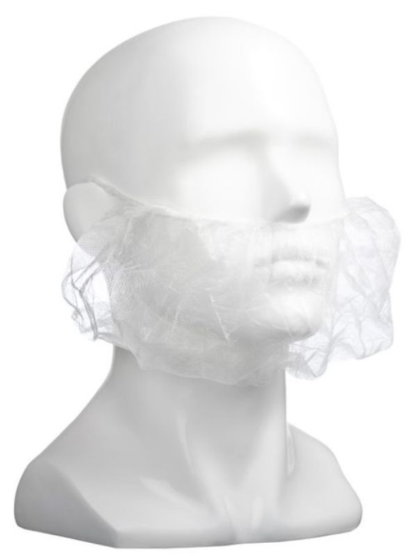 Polypropylene beard covers in white, 230mm x 430mm, ensuring hygiene and comfort for food and healthcare environments.