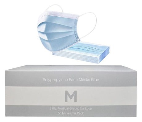 Blue polypropylene medical face masks, 3 ply, ear loop design, featuring flexible nose wire for comfort and secure fit.