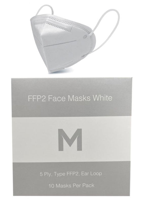 FFP2 white protective face masks with 5-ply design, ear loops, and adjustable nose clip for secure comfort and safety.