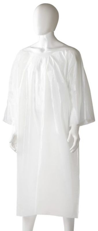 White polyethylene splash jackets in a box of 200, providing lightweight and durable body protection against spills.