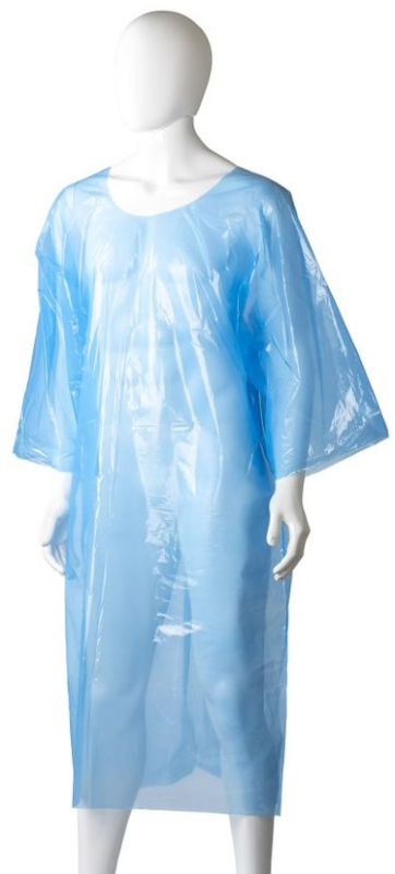 Blue disposable polyethylene splash jackets, 800mm x 1300mm, offer full body spill protection in a box of 200.