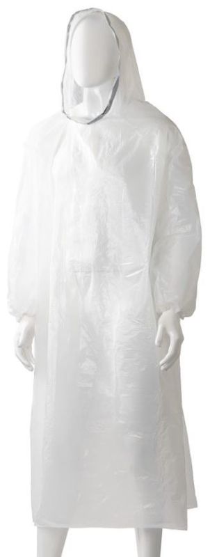 White polyethylene hooded ponchos, 800mm x 1300mm, box of 96, providing full-body protection for various industries.
