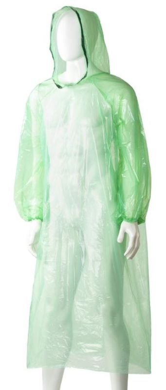 Green polyethylene hooded ponchos in a box of 96, offering full-body protection with elastic cuffs and tie-down hoods.