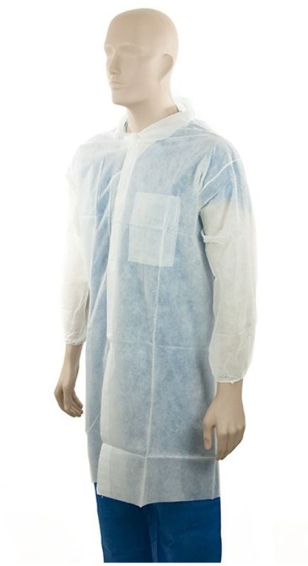 White polypropylene lab coat, 2XL, pack of 25, with anti-leakage, elastic cuffs, pockets, and dome buttons for safety and comfort.