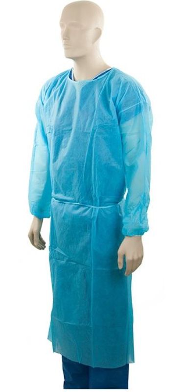 Blue disposable polypropylene isolation gown, 1200mm x 1400mm, lightweight 40gsm, features elastic cuffs and Velcro neck fastener.