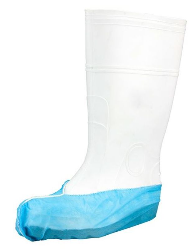 Blue polypropylene shoe covers, 200mm x 400mm, 25gsm, pack of 600; ideal for hygiene in medical and food settings.