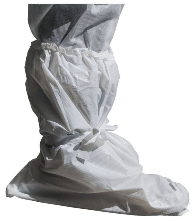 White laminated CPE boot covers, 510mm, double sole, pack of 120, designed for contamination protection in healthcare and food industries.