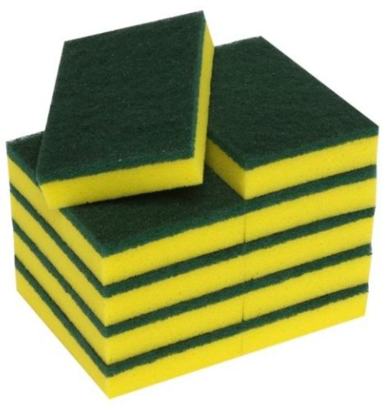 Premium yellow and green scouring sponge, 100mm x 150mm, designed for tough cleaning in kitchens and commercial spaces. Pack of 40.