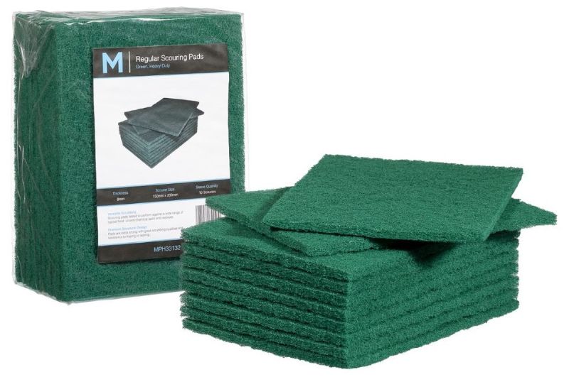 Green Regular Scouring Pads, 150mm x 200mm, pack of 80, durable for tough cleaning tasks and resistant to grit fall-out.