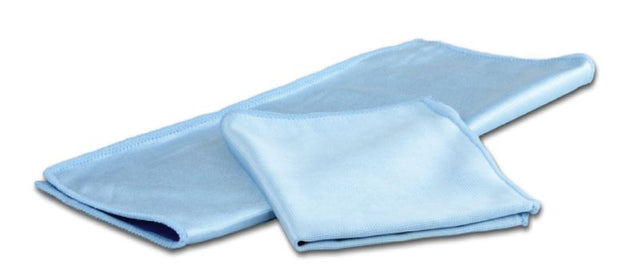 Professional-grade blue glass cleaning cloths, 400mm x 400mm, lint-free and streak-free, suitable for windows and polished surfaces.