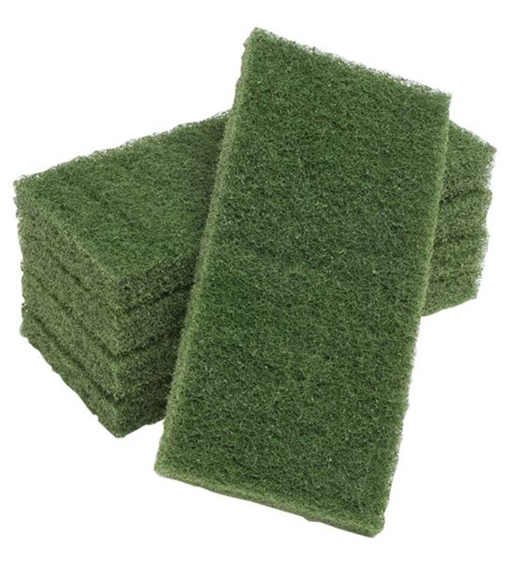 Green Premium Scouring Pads, 115mm x 250mm, pack of 10, durable for tough scrubbing without scratching surfaces.