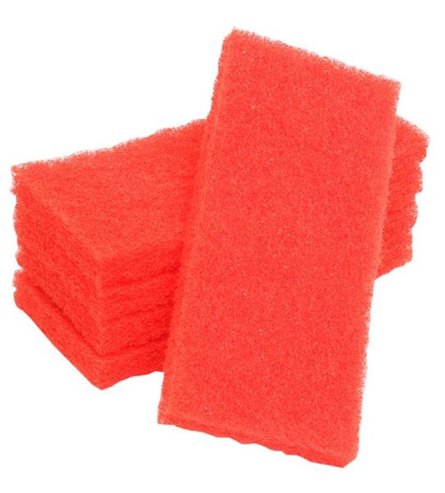 Premium red scouring pads measuring 115mm x 250mm x 20mm, designed for tough cleaning and available in a pack of 10.