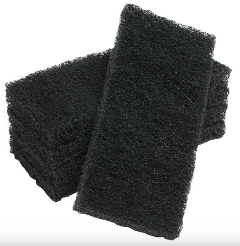 Black premium scouring pads (pack of 10), 115mm x 250mm x 20mm, ideal for tough stains on various surfaces.