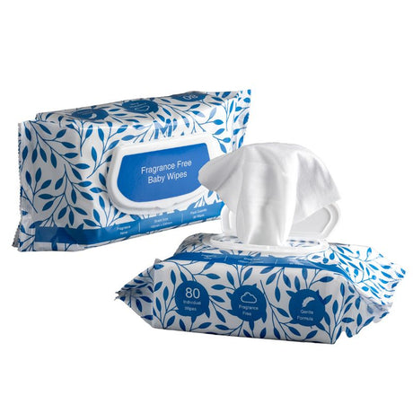 Non-fragranced baby wipes in a soft pack, 160mm x 200mm, gentle on sensitive skin, ideal for cleansing and everyday use.