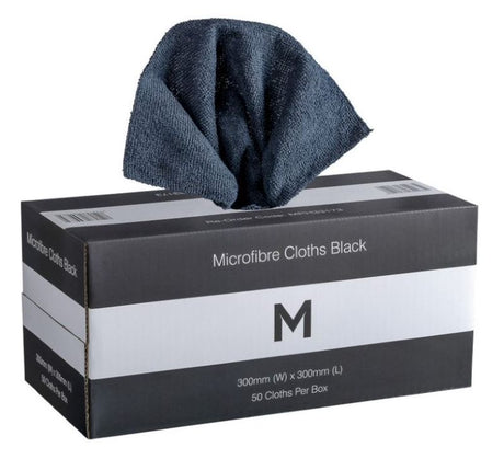 Black microfibre cloths in a dispenser pack, 300mm x 300mm, 185gsm, perfect for effective, streak-free cleaning.