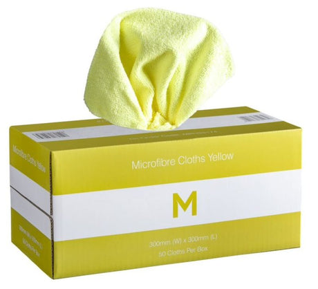 Yellow microfibre cloths, 300mm x 300mm, 185gsm, ideal for quick cleaning, non-abrasive, lint-free, pack of 50.