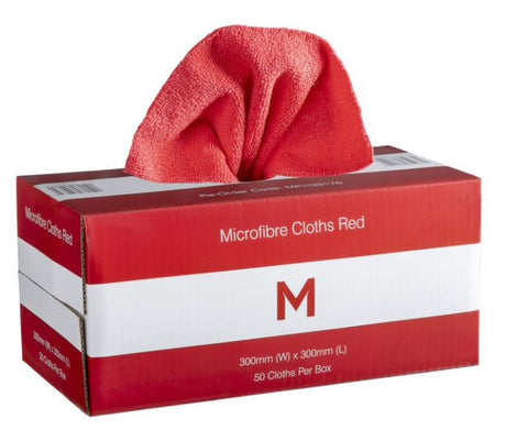 Red dispenser microfibre cloths, 300mm x 300mm, 185gsm, perfect for scratch-free cleaning; pack of 50 for easy access.