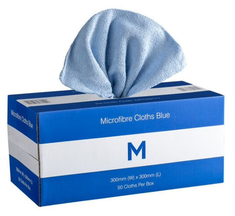 Pack of 50 blue dispenser microfibre cloths, 300mm x 300mm, 185gsm, ideal for lint-free, scratch-free cleaning.