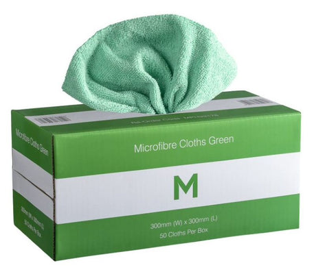 Pack of 50 green microfibre cloths, 300mm x 300mm, ideal for streak-free cleaning without lint or scratches.