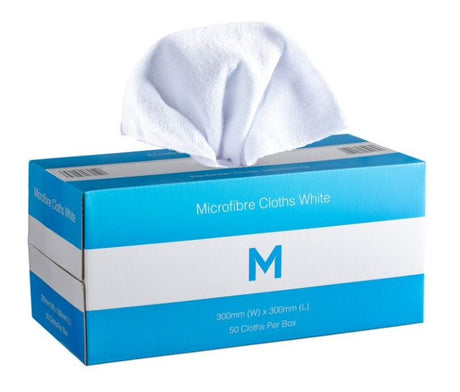 Pack of 50 white microfibre cloths, 300mm x 300mm, non-abrasive, edgeless design, perfect for effective and scratch-free cleaning.